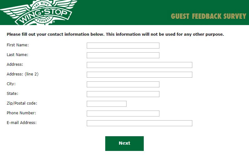Wingstop Online Survey Contact Information Image