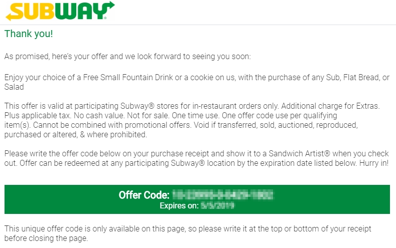Subway Experience Survey Offer Code Image
