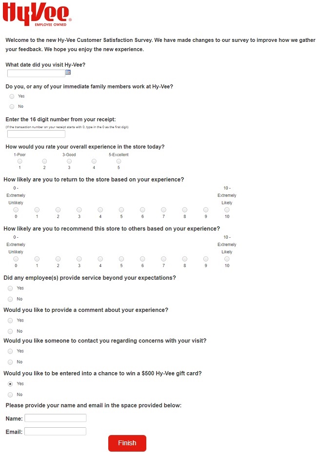 HyVee customer feedback questions image
